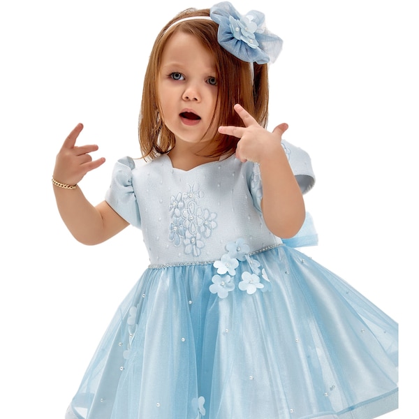 Baby Girls Short Sleeves Embroidered Tutu Dress Midi Knee Length Baby Blue 2 Piece Set