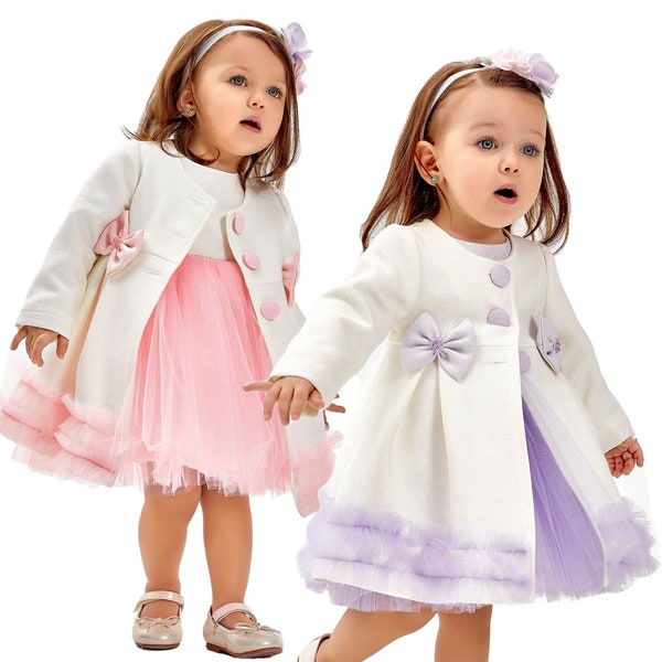 Girl's 2-Piece Knit Tutu Tulle Midi Dress & Coat Set in Ivory-Purple and Ivory-Pink