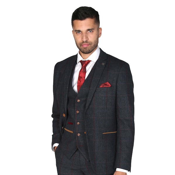 Herren-Anzug aus Tweed mit Fischgrätenmuster, Marineblau, separat erhältlich – 3-teiliges Set mit maßgeschneiderter Passform für Hochzeiten