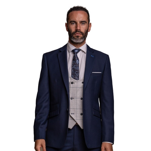 Abito classico slim fit blu scuro e gilet doppiopetto grigio chiaro | Combinazione formale da uomo elegante