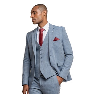 Mens Tweed Slim Fit Suit Jacket Waistcoat Trousers Light Blue Wedding Business Sold Separately Set