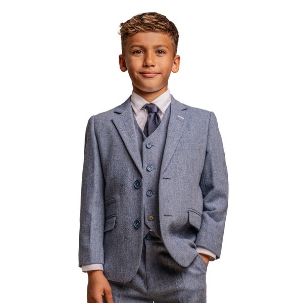 Costume Formel Bleu Tweed pour Garçon pour Mariage et Pageboy, Ensemble Slim Fit 3 ou 6 Pièces