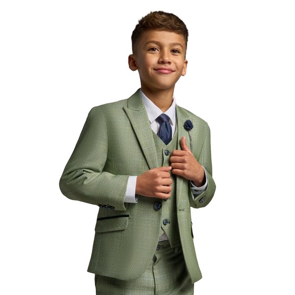 Anzug für Jungen im Retro-Stil, schmale Passform, Salbeigrün, Tweed-Set mit Hahnentrittmuster