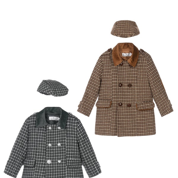 Ensemble Manteau et Béret Garçon Tweed Pied-de-Poule avec Patchs aux Coudes, Classique 2 PC Vêtements d'Extérieur d'Hiver pour Enfants