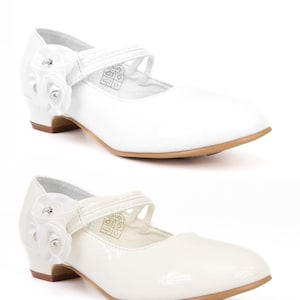 Girls Patent Dress Shoes Low-Heel with Floral Embellish - Ideal for Weddings & Communions