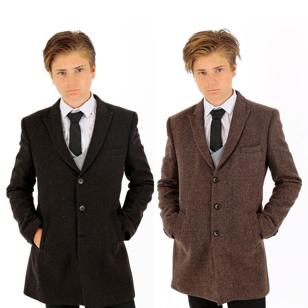 Boys Wool Tweed Patterned Midi Smart Casual Formal Pageboy Wedding Winter Coat Jacket