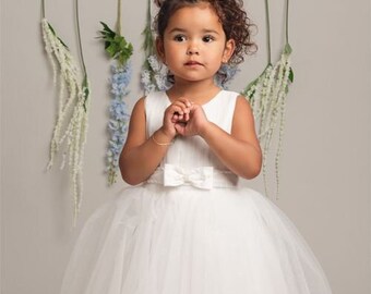 Girls Christening Dress with Pleated Bodice & Bow – Lux Baptism Outfit
