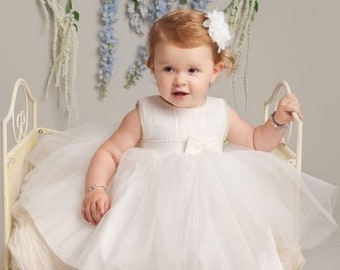 Baby Girls Christening Dress with Pleated Bodice & Bow – Lux Baptism Outfit