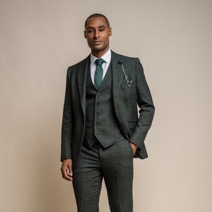 Mens Check Slim Fit Suit Jacket Waistcoat Trousers Wedding 3 Piece Set Sold Separately Set in Olive Green