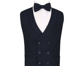 Men's And Boy's Herringbone Tweed Navy Blue Waistcoat Sets