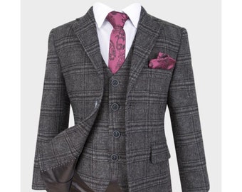 Flamingo Boy's Tailored Fit Tweed Check Suit In Charcoal Grey