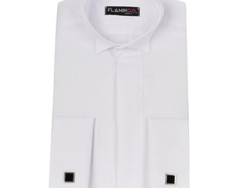 Flamingo Boy's Double Cuff Wing Collar Wing Shirt Avec Boutons De Manchette En Blanc