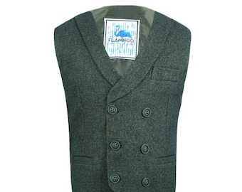 Men's And Boy's Herringbone Tweed Green Waistcoat