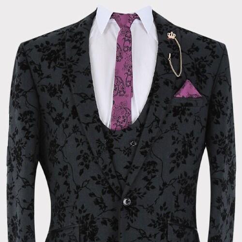 Mens Blazer Waistcoat Trouser Set Formal Velvet Floral Embroidered Sold Separately in Black