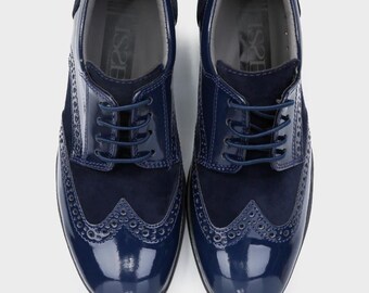 Boys Patent Suede Lace Up Brogue Dress Shoes in Navy Blue