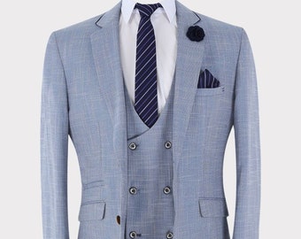 Mens Suit Vintage Check 3 Piece Slim Fit Set in Light Blue