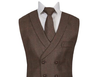 Men's And Boys Tweed Check Waistcoat Set in  Brown