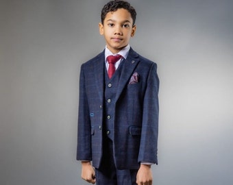 Boys Tweed Windowpane Check Tailored Fit Navy Blue Wedding Pageboy Formal 3 Piece Suit Set