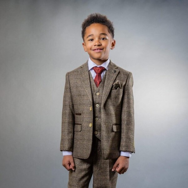 Boys Tweed Windowpane Check Tailored Fit Beige Wedding Pageboy Formal 3 Piece Suit Set