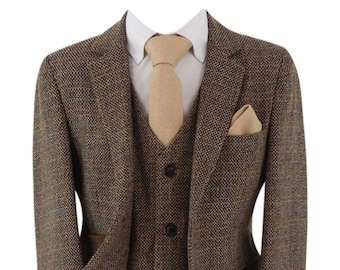 Boys Tweed Textured check Tailored Fit 3 Piece Brown Suit Set