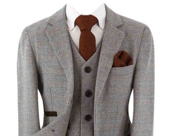 Boys Tweed Textured Retro Cream Grey Formal Wedding 3 Piece Suit Set