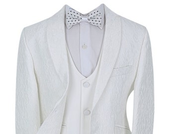 Boys Communion Floral Embroidered Slim Fit 3 Piece Suit Set in Ivory