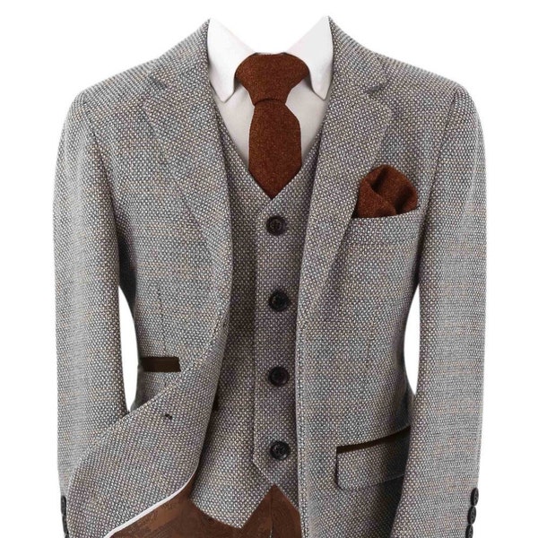 Boys Tweed Textured Retro Cream Grey Formal Wedding 3 Piece Suit Set