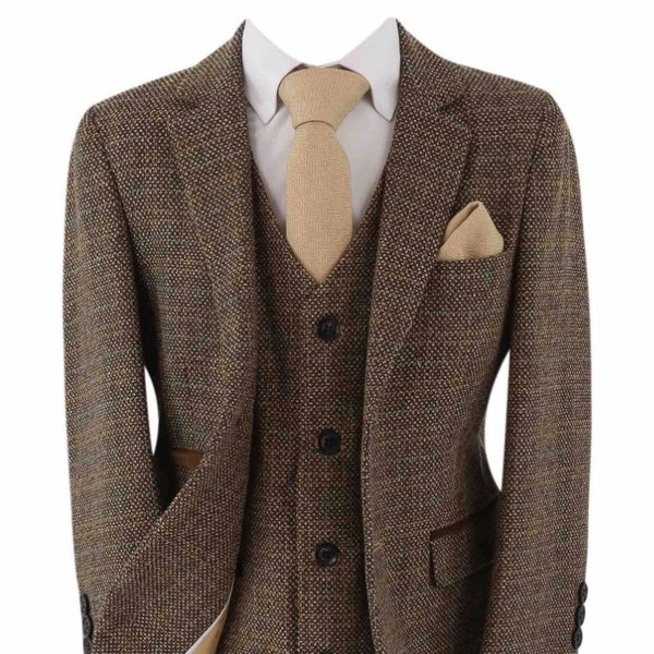 Boys Tweed Textured check Tailored Fit 3 Piece Brown Suit Set