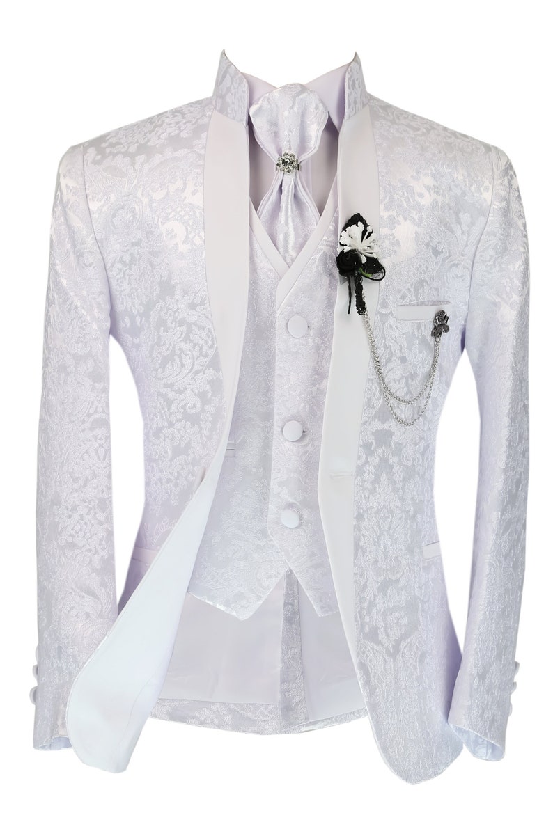 Costume Tuxedo Garçons Blanc à Motif Floral Paisley 6 Pièces, pour Baptême, Communion & Toutes Occasions Spéciales image 1