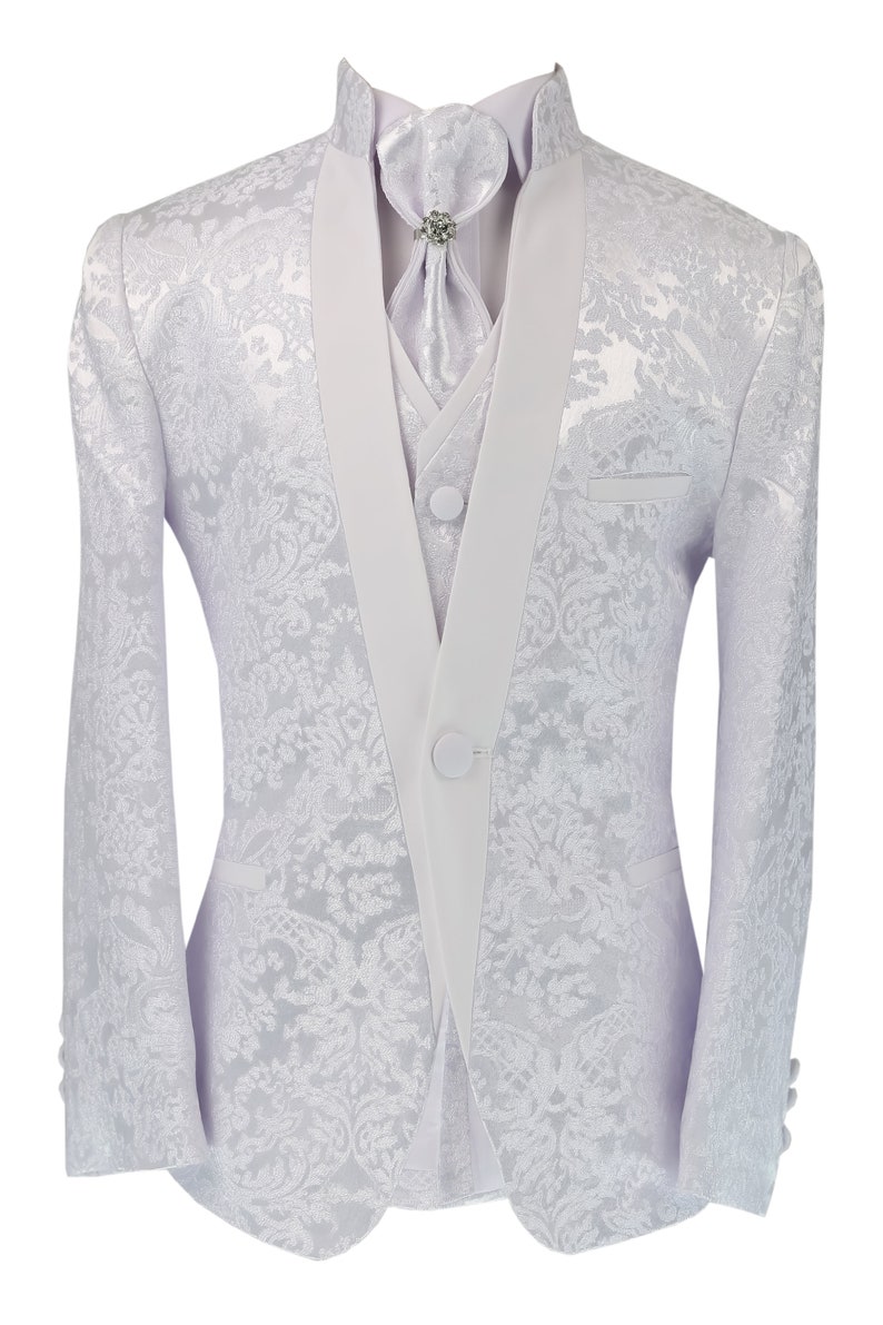 Costume Tuxedo Garçons Blanc à Motif Floral Paisley 6 Pièces, pour Baptême, Communion & Toutes Occasions Spéciales image 3