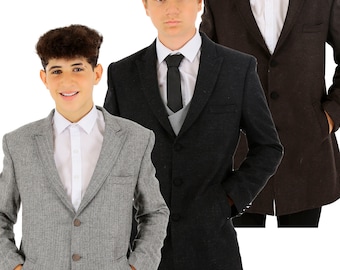 Boys Wool Tweed Herringbone Tailored Fit Midi Smart Casual Formal Pageboy Wedding Winter Coat Jacket