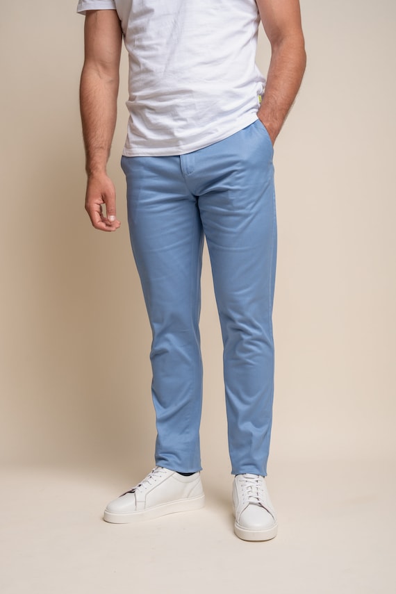 Mens Casual Chino Sky Blue Cotton Smart Business Trousers Regular