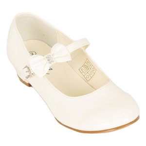 Girls' High Heel Patent Mary Jane Dress Shoes with Ankle Strap & Bow Ideal for Weddings, Communion, Confirmation Events Ivory