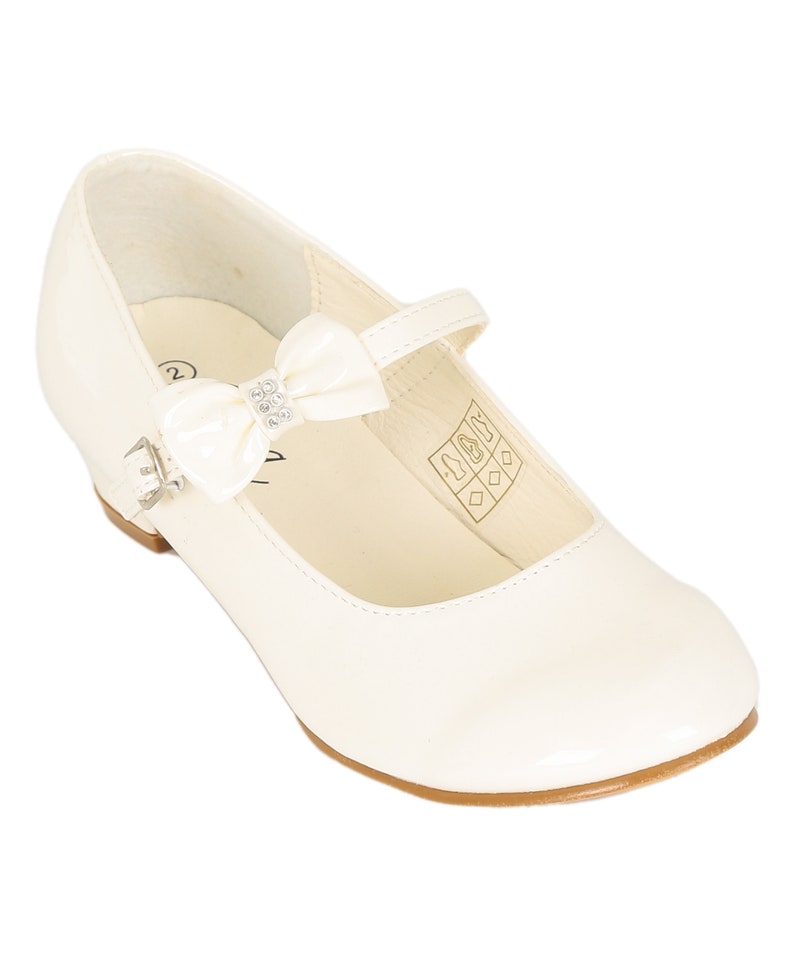 Girls' High Heel Patent Mary Jane Dress Shoes with Ankle Strap & Bow Ideal for Weddings, Communion, Confirmation Events Ivory