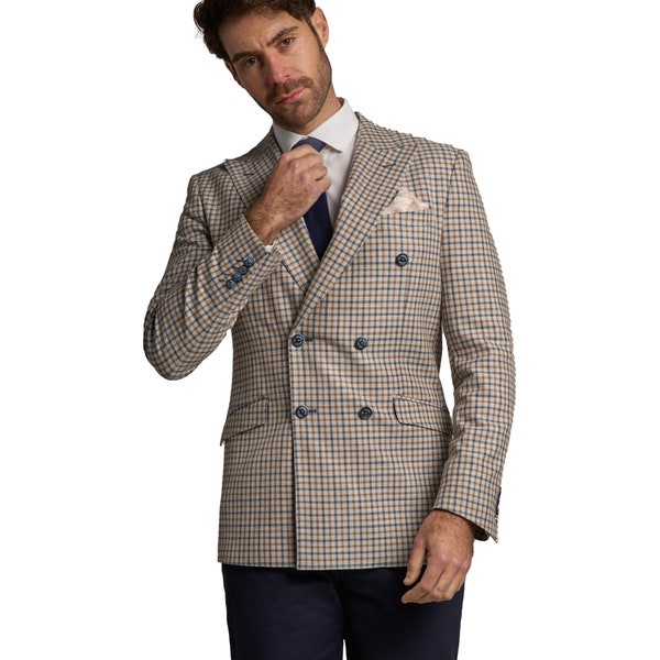 Herren Zweireihiger Beige Karierte Blazer – Schachbrettmuster für Hochzeit, Geschäft & besondere Anlässe