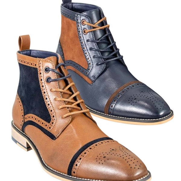 Mens High Ankle Suede Leather Lace Up Brogue Dress Boots