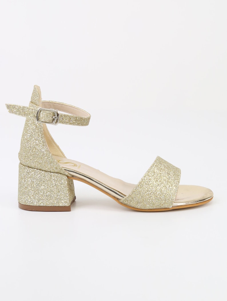 SIRRI Girls Gold Ankle-Strap Shoes, Block Heels Sandals with Glitter for Special Occasion image 3