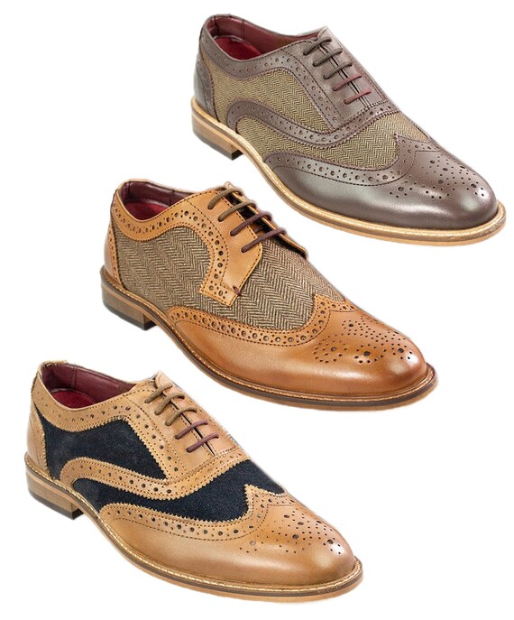 Mens Leather Tweed Mix Lace up Formal 