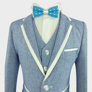 Boys Textured Piping Suit Slim Fit 3 Piece Set in Sky Blue image 3