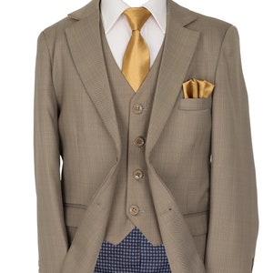 Boys Tailored Fit Wedding Pageboy Formal Grey Suit Complete 6 Piece Set Beige