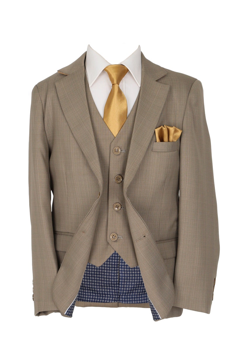 Boys Tailored Fit Wedding Pageboy Formal Grey Suit Complete 6 Piece Set Beige