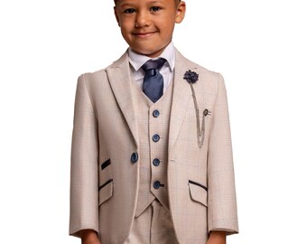 Boys Suit Retro Slim Fit Beige Tweed Houndstooth Check Set