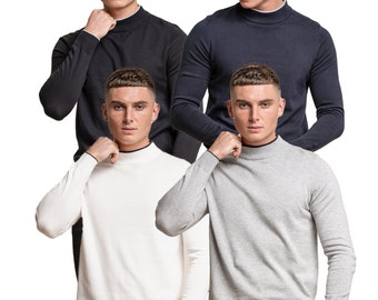 Mens Casual Knitted Cotton Mid High Turtle Neck Jumper Smart Business Long Sleeves Sweater