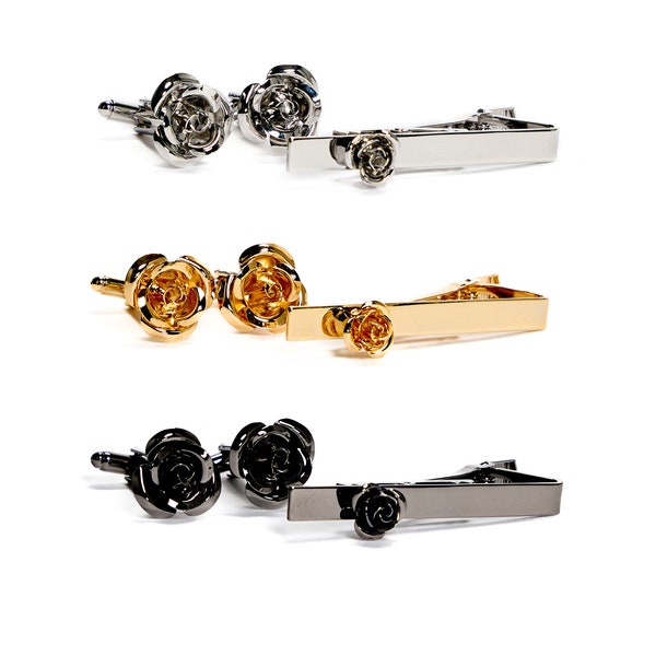 Men’s Rose Cufflinks and Tie Clip Set - Luxury Accessory for Wedding, Business, and Formal Attire