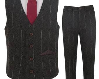 4-teiliges kariertes Tweed-Anzugset für Jungen in Dunkelbraun – formelles Westen-Ensemble, perfekt für Pagen und Hochzeiten