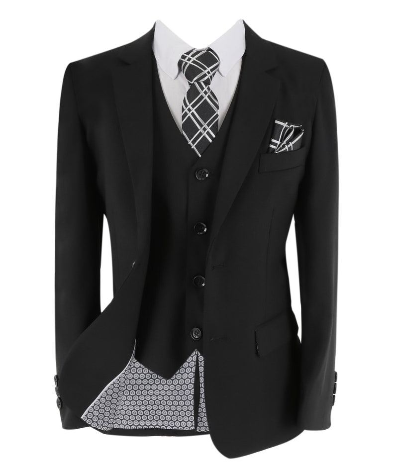 Boys Tailored Fit Wedding Pageboy Formal Grey Suit Complete 6 Piece Set Black