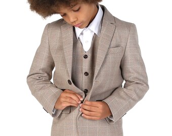 Paul Andrew Boys Check Tweed Retro Suit in Beige Brown