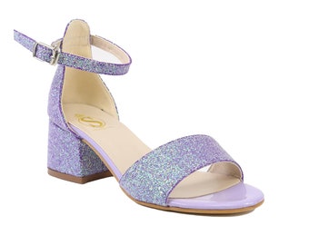 SIRRI Girls Purple Ankle-Strap Shoes, Block Heels Sandals with Glitter for Special Occasion