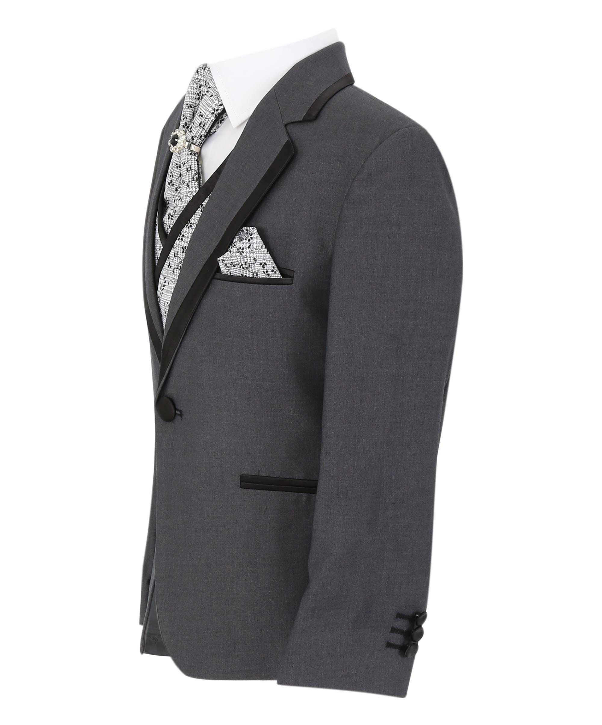 Boys Dark Grey Prom Outfit Regular Fit Kids Wedding Pageboy 5 Piece Suit 