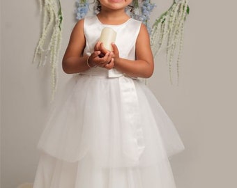 Lux Girls Christening Dress with Bow & Layered Tulle - Special Occasion Outfit